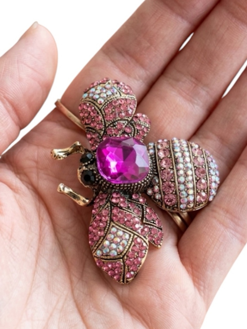 Vintage Style Pink Bee Brooch Pin – Crystal Embellished Insect Jewelry NWT